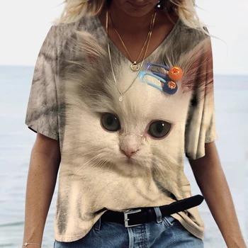 2022 Muoti Naisten T-paita Söpö Kissa 3D-Tulostaa V-kaula Rento Lyhyt Hiha Paita Tyttöjen Vaatteet Ylimitoitettu Löysä Streetwear-Topit