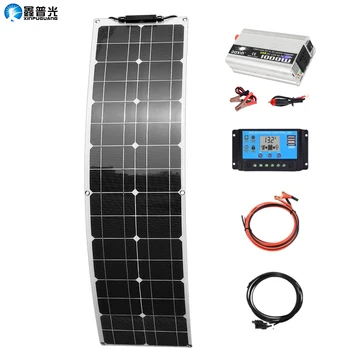 50 W Yksikiteisiä Joustava aurinkopaneeli Kit Off-Grid-Järjestelmä 100W 110V / 220V Aurinko-Invertteri 12V 24V Säädin PV-Liitin