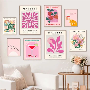 Abstrakti Vaaleanpunainen Matisse Cocktail Kukka Kasvitieteellinen Julisteita Ja Tulostaa Wall Art Canvas Maalaus Seinä-Kuvia Olohuoneen Sisustus