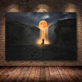Canvas-Juliste Tulosta Abstrakti Full Moon Vesiputous Surrealistinen Jooga Zen Moderni Wall Art-Maalaus Kotiin Olohuone Sisustus