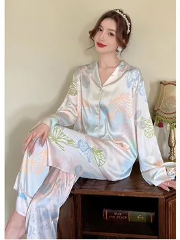 CRLAYDK Suunnittelija Keväällä Uusi Naisten Silkki Pyjama Perhonen Painettu Pehmeä Pitkähihainen Loungewear-Painiketta Alas Yöpuvut Pyjamat Asettaa
