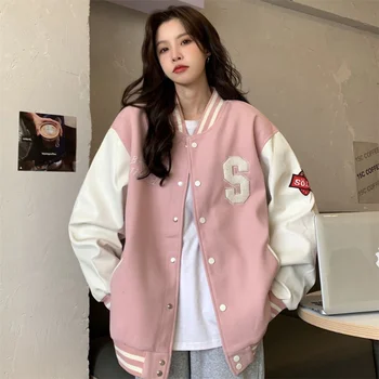Deeptown Y2k Streetwear-Pommikone Takki Naisten Ylimitoitettu Varsity Takit College Yhtenäinen Harajuku Muoti-Korean Pinkki Baseball-Takki