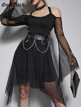 Goth Tumma Grunge-Punk Musta Mesh Mini Leningit Naisten Mall Gothic Vaihtoehto Riimu Partywear Leimahtaa Hiha Pois Olkapää Vaatteita