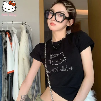 Hello Kitty Uusi T-paita Söpö Sanrio Y2k Kuvio Lyhythihainen Rajata Topit Naisten Söpö Sarjakuva Tekojalokivi Glitter Slim Fit Kesä