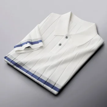 High end luxury kesällä uusi raidallinen Käänne neulottu polo-paita miesten paita lyhythihainen slim fit-Korean muoti rento T-shirtmen