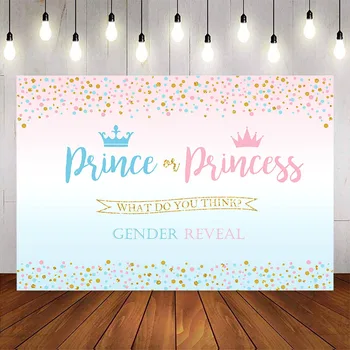 Kruunu prinssi tai prinsessa sukupuolten paljastaa taustalla vaaleanpunainen tai sininen vauva suihku osapuolen sisustus poika tai tyttö sukupuolten paljastaa tarvikkeet