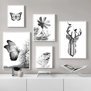 Kukka Kuva Kankaalle Maalaus Wall Art, Musta ja Valkoinen Voikukka Perhonen Orkidea Kasvi Julisteen ja Tulostaa Moderni Sisustus