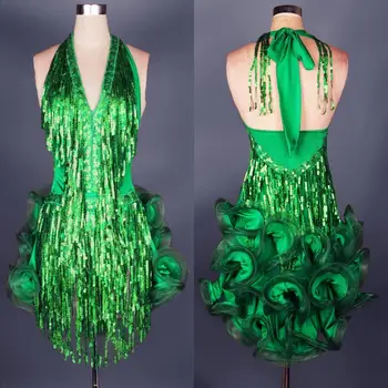 latinalainen tanssi mekko vihreä ammatillinen puku naisten fringe samba puku värikkäitä naisten ballroom kilpailun mekot tupsut