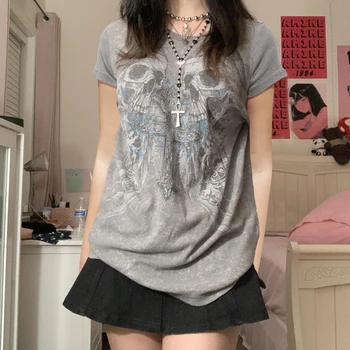 Naisten Kesän y2k Fairycore Grunge Gothic Lyhythihainen Sadon Topit T-paidat Uurrettu Kallo Tulosta Löysä Pullover E Tyttö T-paita Streetwear