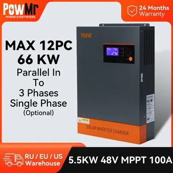 PowMr 5KW 48V MPPT Aurinko Hybridi Invertteri 100A Off-Grid-Invertteri 5500W 500V Max 12 Yhdensuuntainen 3 Vaihetta tai Yhden Vaiheen
