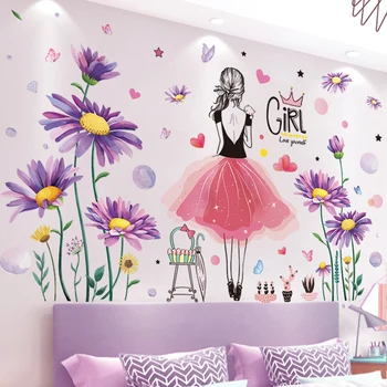 [shijuekongjian] Sarjakuva Tyttö Seinä Tarroja DIY Kukat Kasvit Seinä Tarroja Lapset Makuuhuone Päiväkoti Päiväkoti Kodin Sisustus