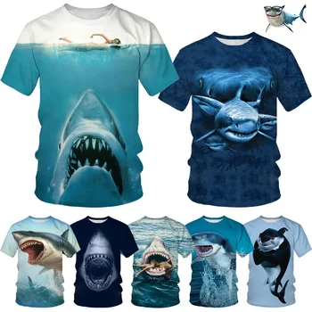 Uusi Blue Shark 3D-Tulostus Miesten lyhythihainen T-paita Persoonallisuus Rento Great White Shark Pyöreä Kaula-aukko T-paita