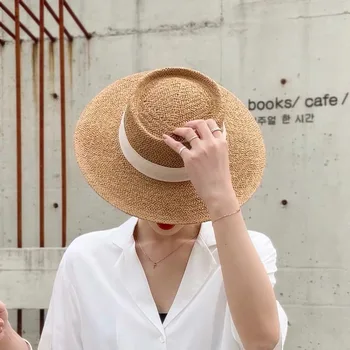 Uusi Käsintehty Olki Beach Hattu Naisten Kesän Loma-Panama Hattu Muoti Kovera Litteä Sun Protection Visiiri Hatut Tukku