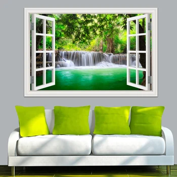 Vihreä Vesiputous 3D-Ikkunan Katsella Seinä Tarra Tarra Kodin Sisustus Olohuone, itseliimautuvat Luonto Maisema Seinämaalaus Taustakuva