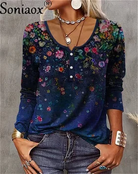 Vintage Kukka Mang-Painiketta U-Kaulus T-paita Naisten Tyylikäs Rento Pullover Paidat Syksy Lähiliikenteen Löysä Liitos Pitkät Hihat Topit