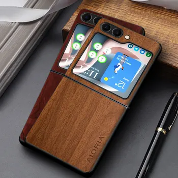 WoodLike tapauksessa Samsung Galaxy Z Flip5 Flip 4 3 kovaa PC ja puu PU-nahka ihon kattaa kuori fundas