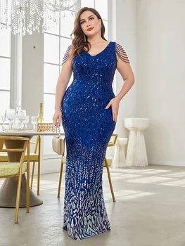 XUIBOL Plus Koko Tyylikäs Paljetteja Iltapuku 2023 Naisten Muodollinen Maxi Prom Sininen Osapuolen Mekko Ylellinen Helmikirjailu Cocktail-Mekot