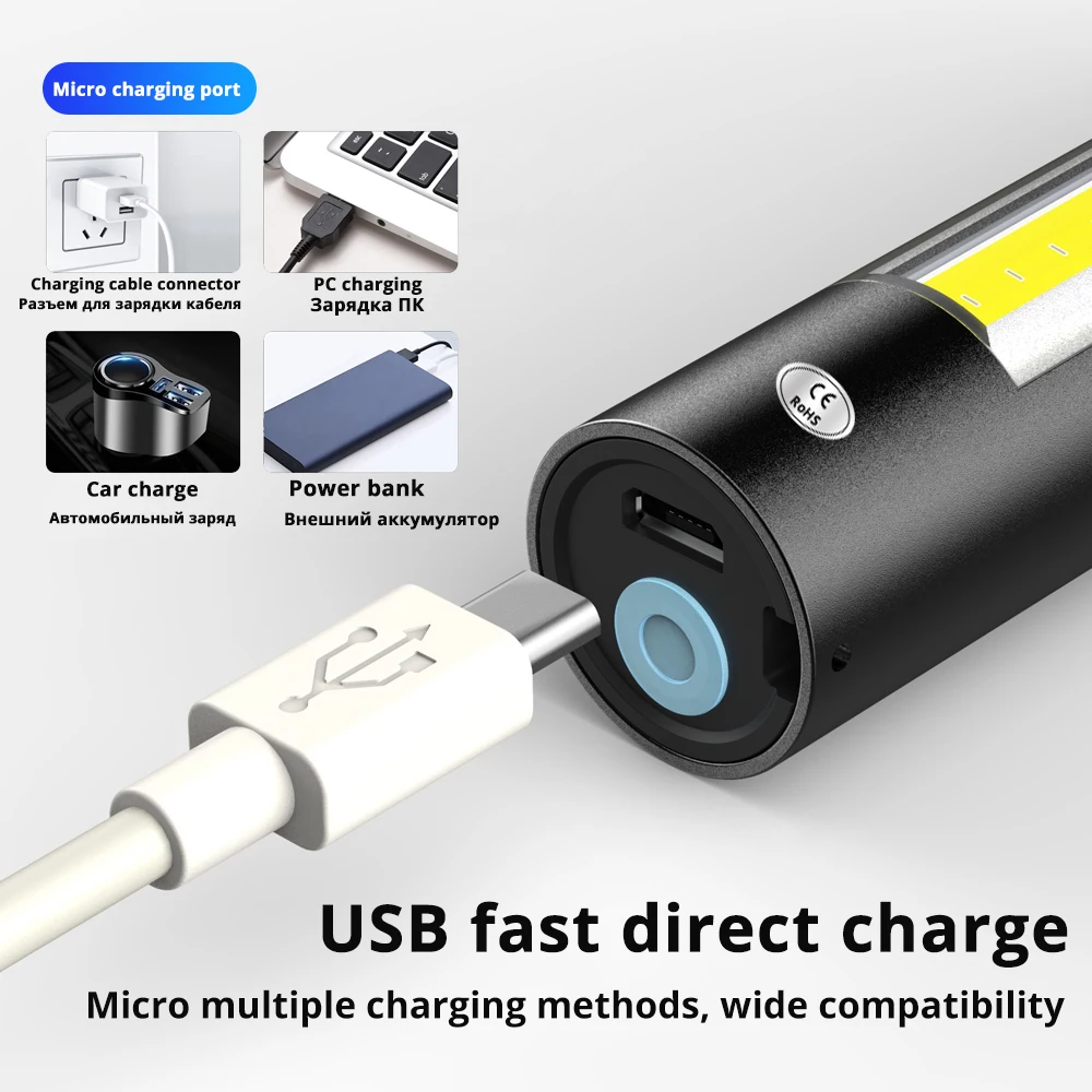 USB-Ladattava Mini LED-Taskulamppu 3 Valaistus Tila Vedenpitävä Soihtu Teleskooppi Zoom Tyylikäs Kannettava Puku Yö Valaistus - 2