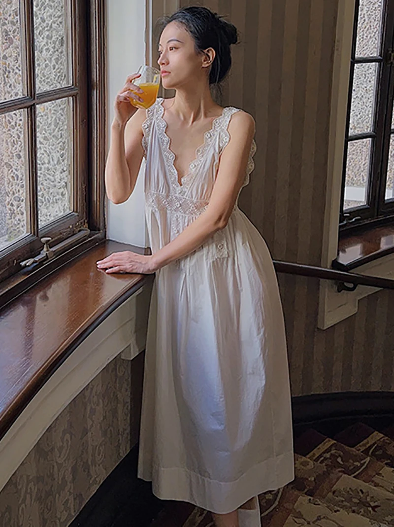 Ranskan Vintage prinsessa Jumalatar Nightgowns Seksikäs Kesän Seksikäs Kirjonta Pyjama Naisten V-Kaula Keiju Victorian Yöpaidat - 5