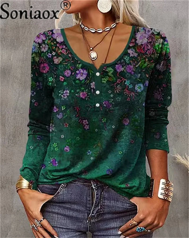 Vintage Kukka Mang-Painiketta U-Kaulus T-paita Naisten Tyylikäs Rento Pullover Paidat Syksy Lähiliikenteen Löysä Liitos Pitkät Hihat Topit - 1
