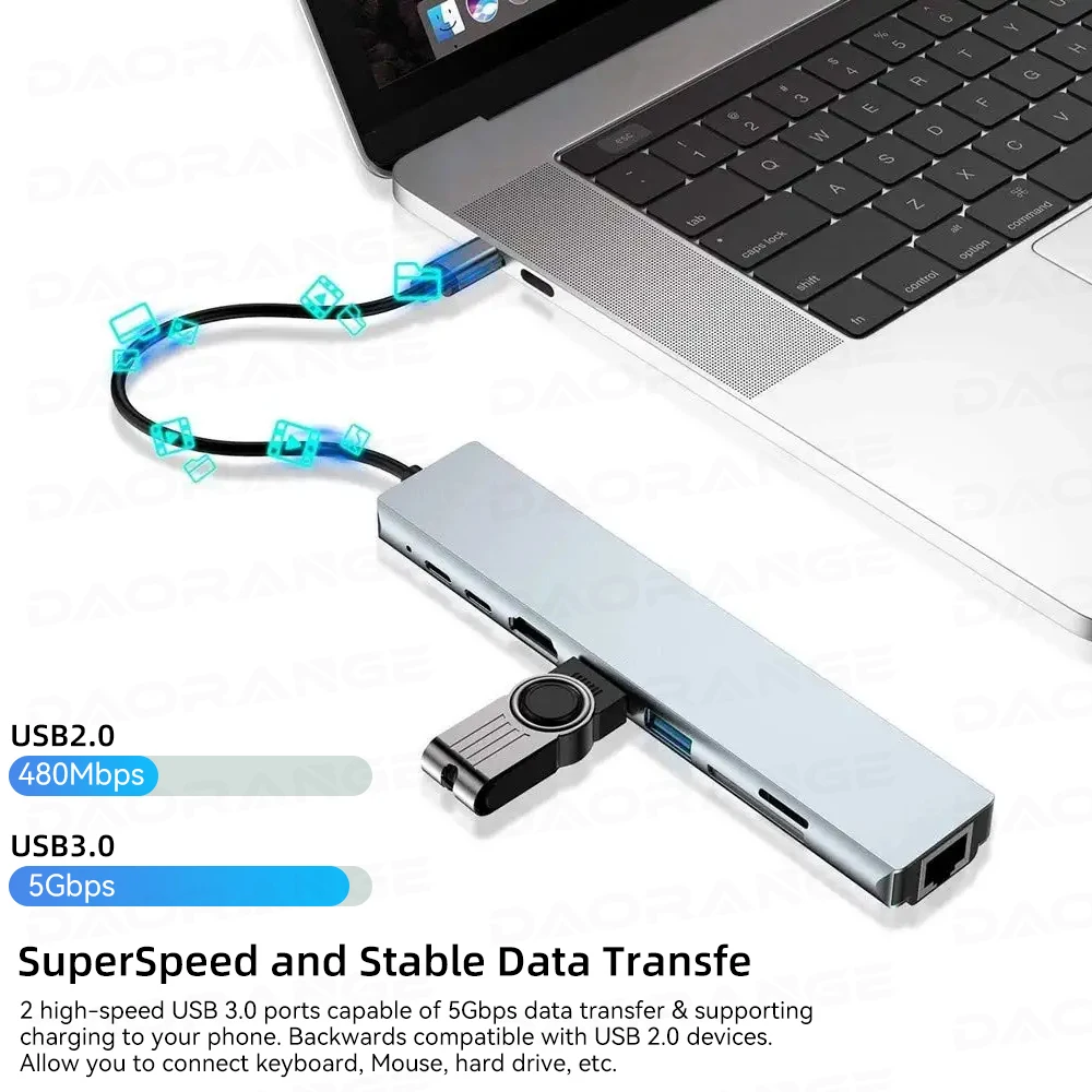 8 in 1 USB C 3.0 Hub Tyyppi C Laptop Sovitin 4K HDMI-Yhteensopiva 100M RJ45-Ethernet-SD/TF Kortti PD USB 3.0 Telakka-Asema Splitter - 2