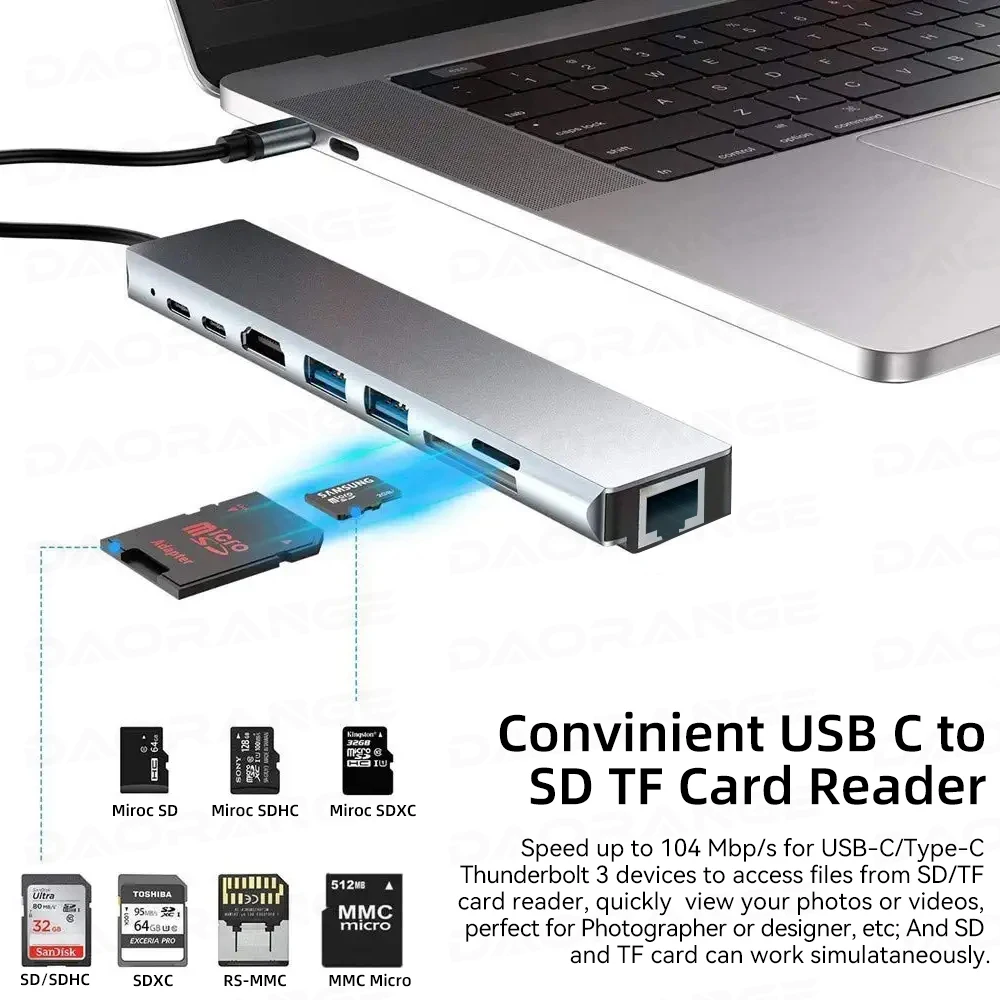 8 in 1 USB C 3.0 Hub Tyyppi C Laptop Sovitin 4K HDMI-Yhteensopiva 100M RJ45-Ethernet-SD/TF Kortti PD USB 3.0 Telakka-Asema Splitter - 3