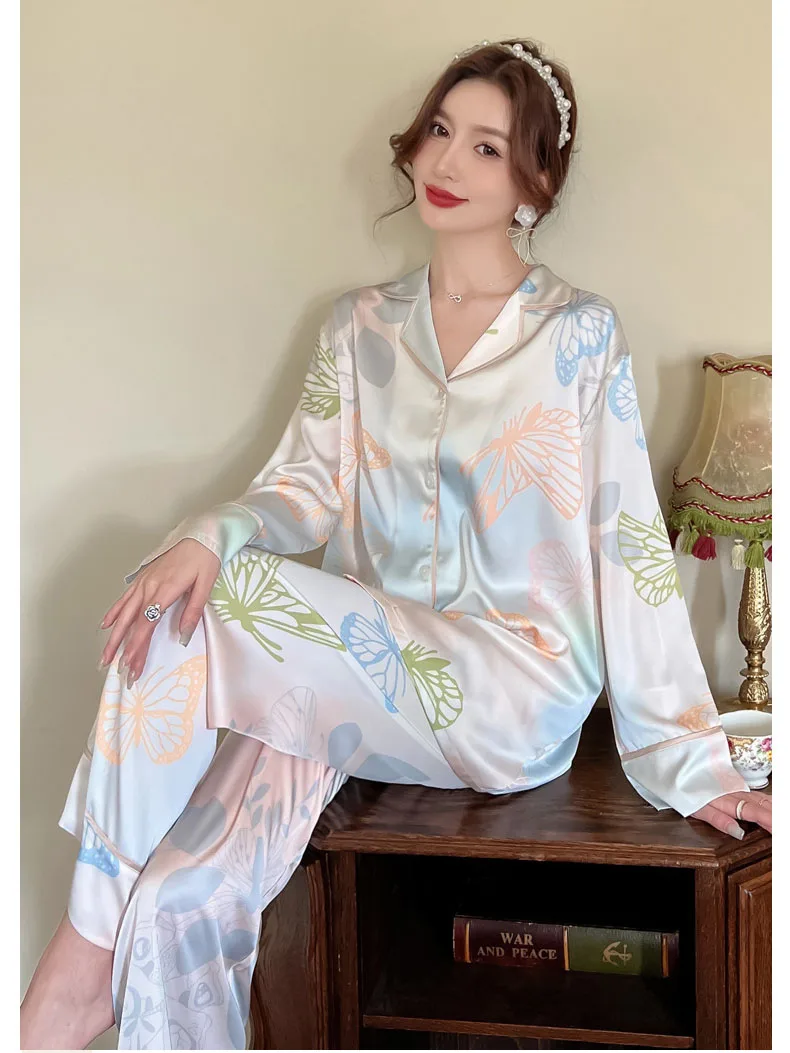 CRLAYDK Suunnittelija Keväällä Uusi Naisten Silkki Pyjama Perhonen Painettu Pehmeä Pitkähihainen Loungewear-Painiketta Alas Yöpuvut Pyjamat Asettaa - 0
