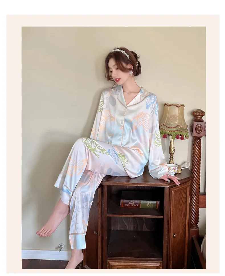 CRLAYDK Suunnittelija Keväällä Uusi Naisten Silkki Pyjama Perhonen Painettu Pehmeä Pitkähihainen Loungewear-Painiketta Alas Yöpuvut Pyjamat Asettaa - 2